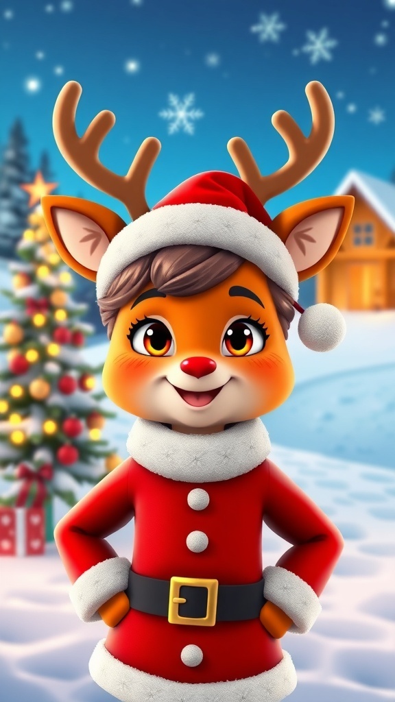 A cheerful Zepeto avatar in a Christmas outfit against a snowy background with a Christmas tree.